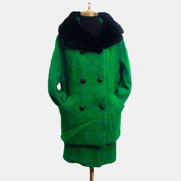 Vtg 60s 2 PC Boucle Wool Mouton Fur Skirt Suit M - Picture 5 of 12